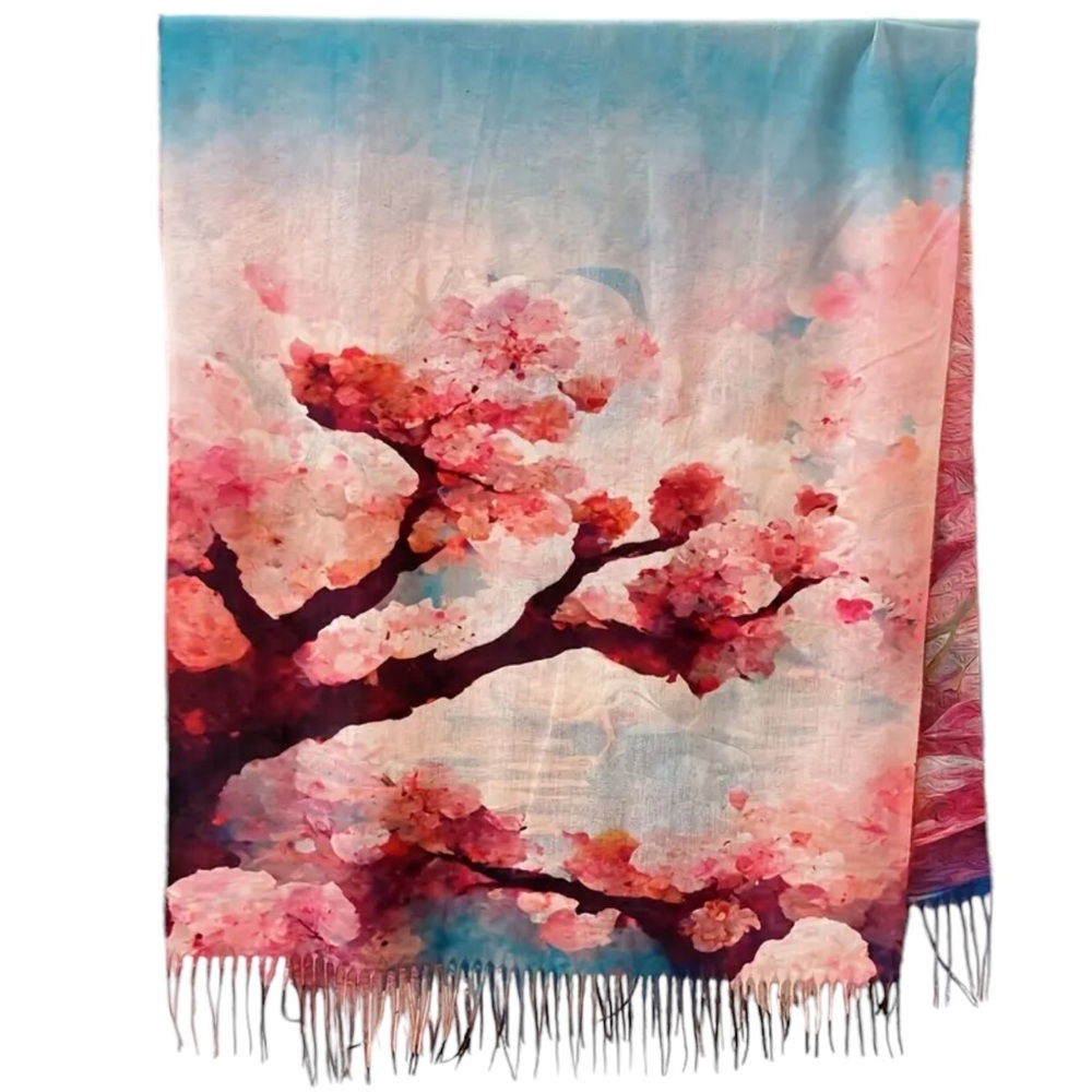 Floral Museum Painting Double Sided Fringed Scarf, Xtra Long Imitation Cashmere